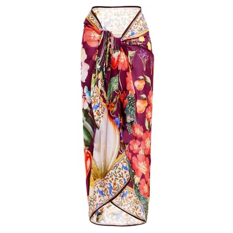 Women's elegant printing white and wine color full sleeves bikinis with Sarong/Cover up