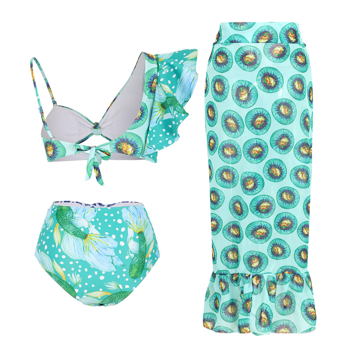 Women's peacock design light blue color bikini swimwear with skirt