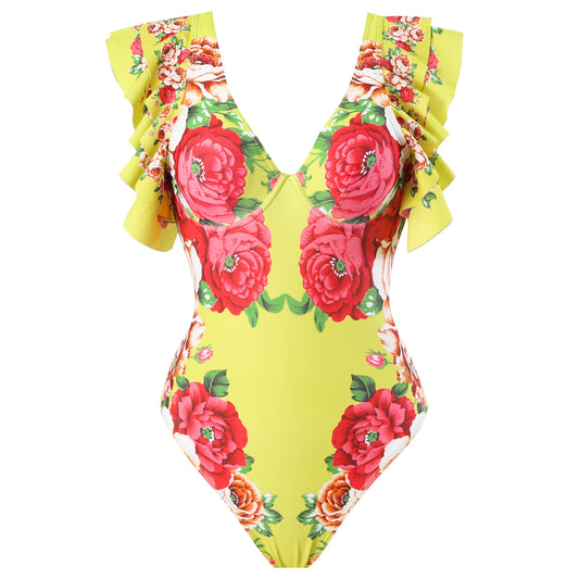 Women's elegant lady printing neon yellow color one piece swimwear with skirt