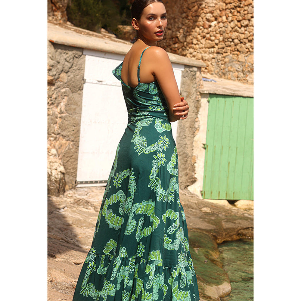 Women's hawaiian green color beach printing one piece swimwear with skirt