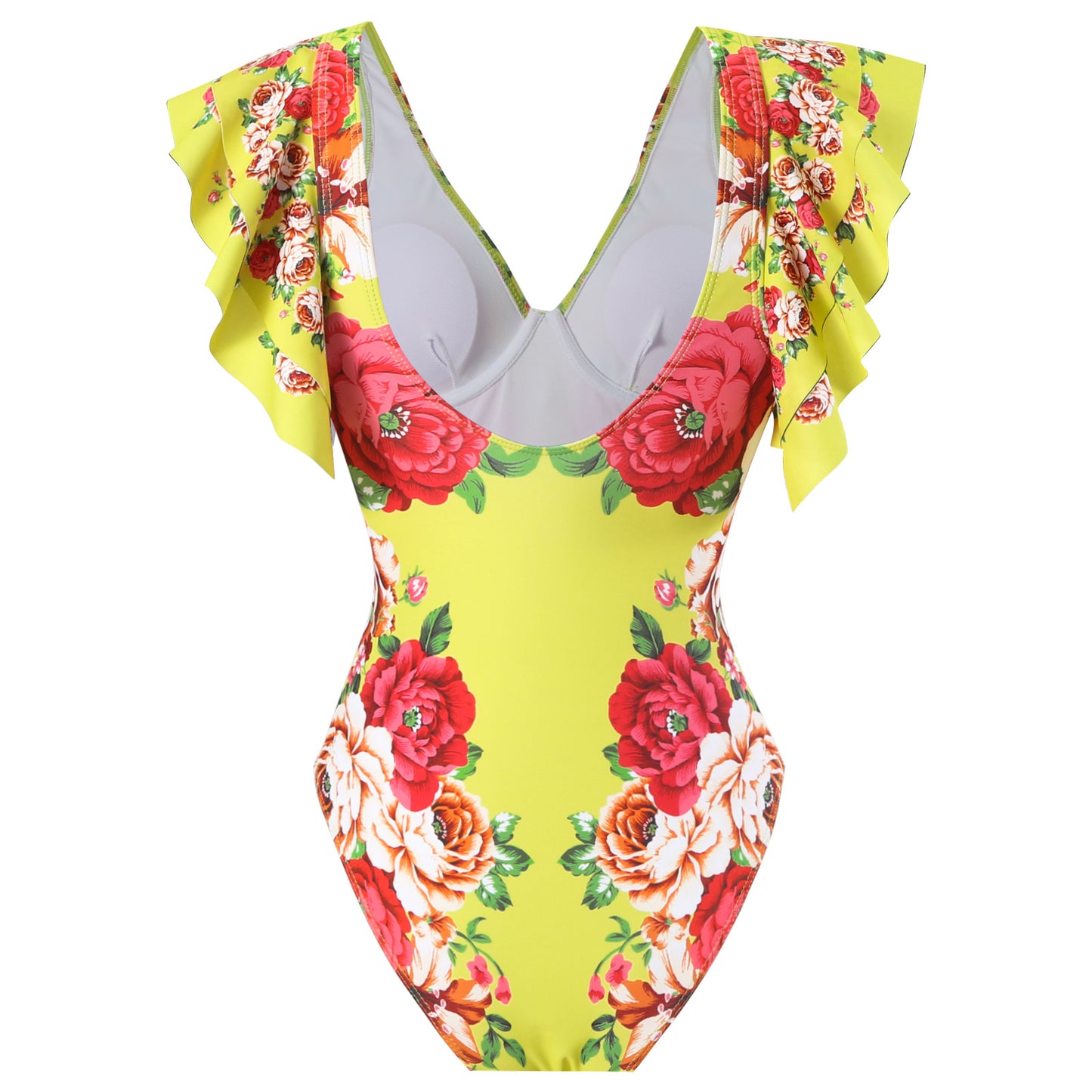 Women's elegant lady printing neon yellow color one piece swimwear with skirt