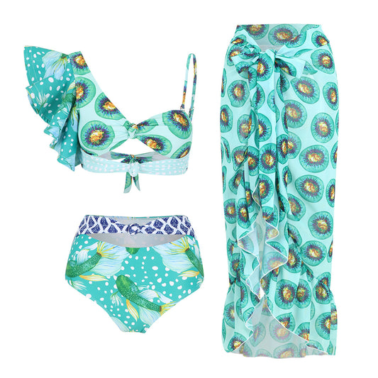 Women's peacock design light blue color bikini swimwear with skirt