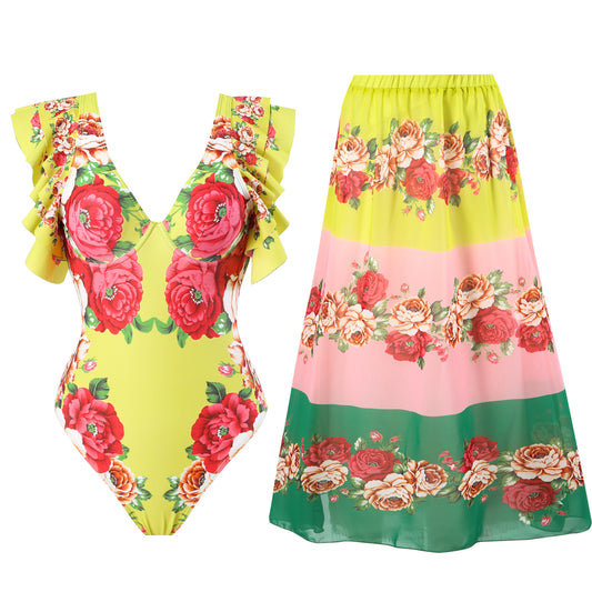 Women's elegant lady printing neon yellow color one piece swimwear with skirt