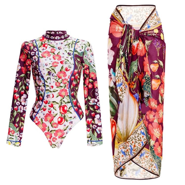 Women's elegant printing white and wine color full sleeves bikinis with Sarong/Cover up