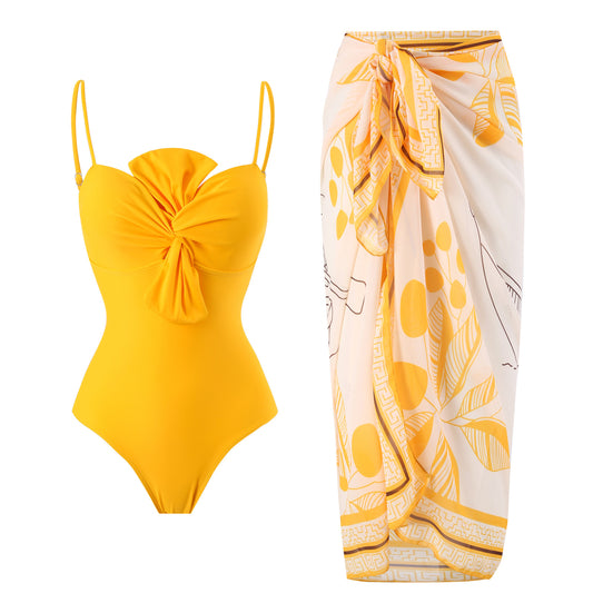 Women's spray mango yellow color one piece swimwear with sarong/ Cover up