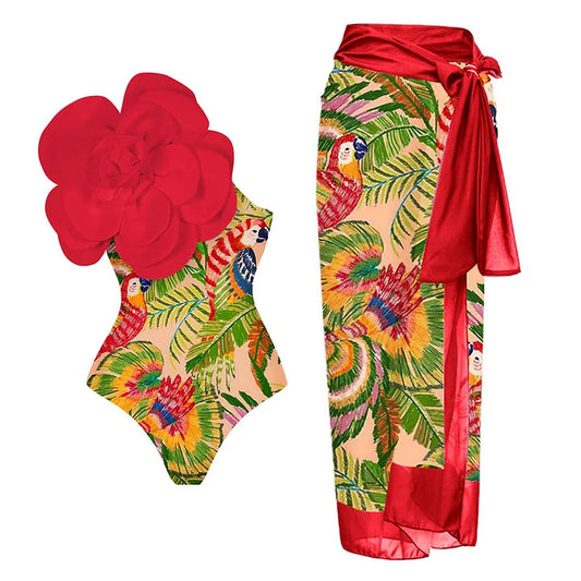 Women's exaggerated lady color block red flower with jungle design one piece swimwear with Sarong / cover up