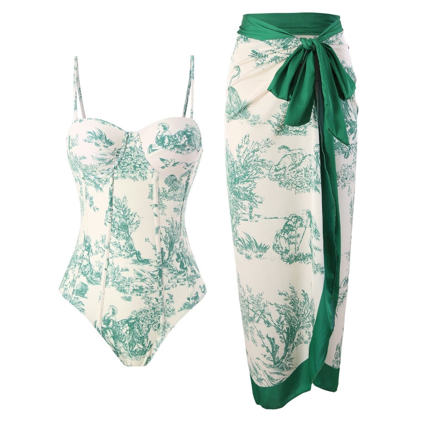 Women's simple style white green one piece swimwear with sarong/ cover up