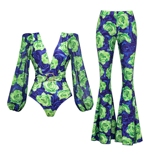 Women's blue and green rose full balloon style sleeves with belt one piece with bell bottom stylish pant