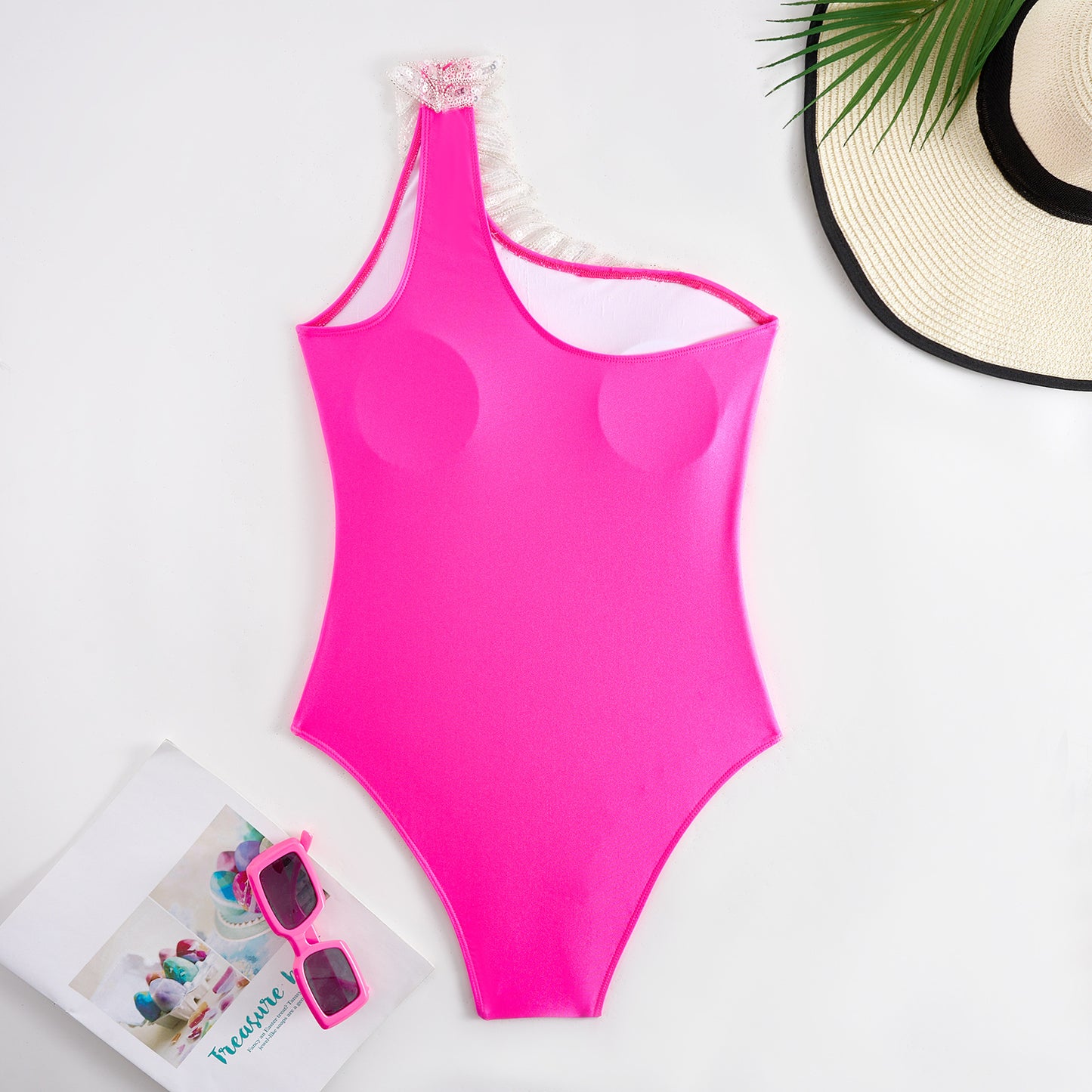 Women's solid baby pink color with golden feather one piece swimwear with skirt