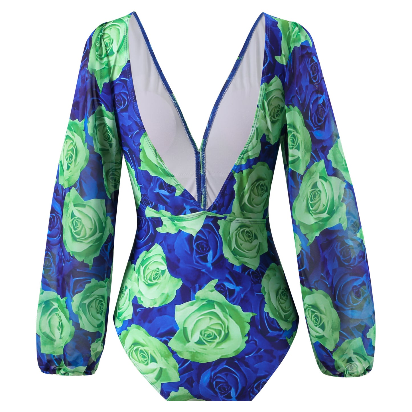 Women's blue and green rose full balloon style sleeves with belt one piece with bell bottom stylish pant