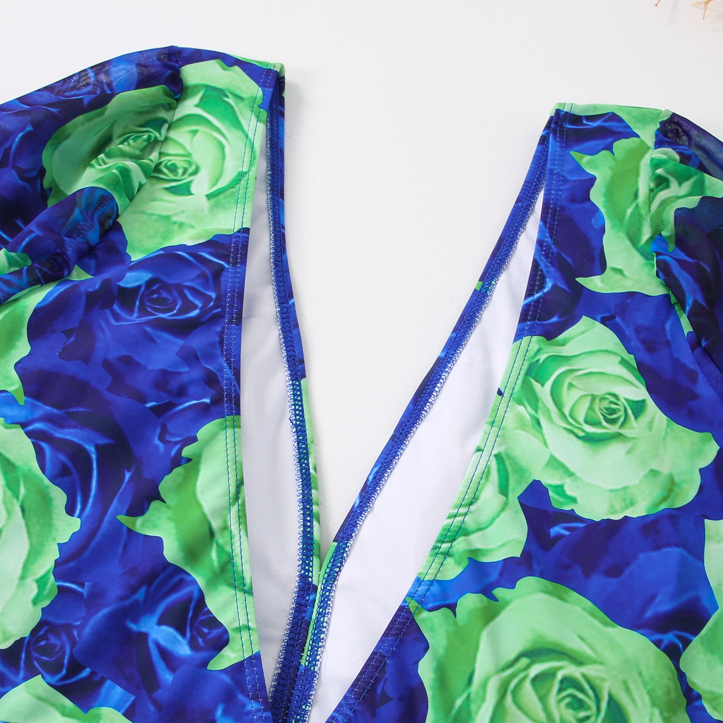 Women's blue and green rose full balloon style sleeves with belt one piece with bell bottom stylish pant