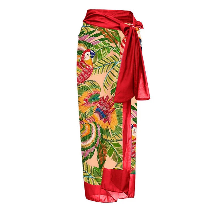 Women's exaggerated lady color block red flower with jungle design one piece swimwear with Sarong / cover up